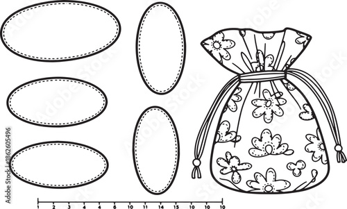 Vintage botanical illustration of gemstones and a drawstring pouch with floral design isolated on white background