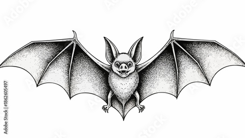 Detailed Drawing of a Bat with Open Wings.