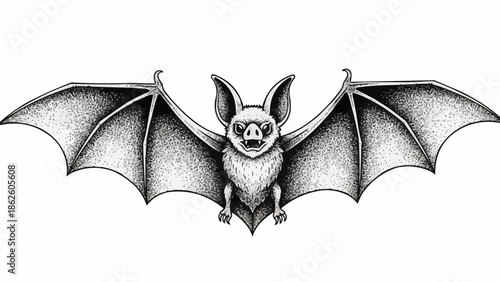 Detailed illustration of a bat with outstretched wings.
