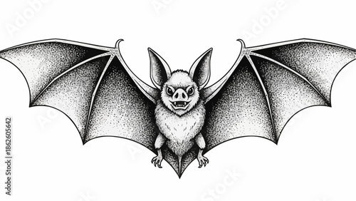 Detailed illustration of a bat with outstretched wings.