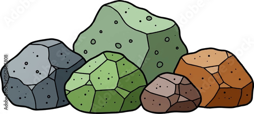 A cartoon illustration of a pile of polygonal rocks in various earthy colors like gray, green, and brown