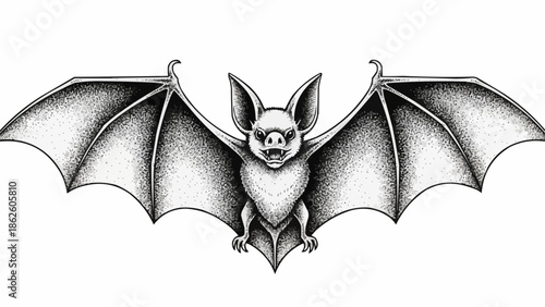 Detailed Sketch of a Bat with Wings Spread Wide.