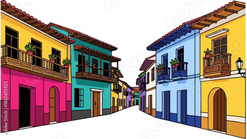 A cartoon illustration of a narrow, colorful street lined with buildings featuring balconies and potted plants