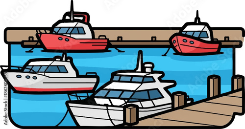 A cartoon illustration of a lively marina with several boats docked and floating on calm blue water