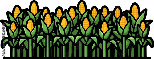 A cartoon illustration of a vibrant green cornfield filled with many golden ears of corn