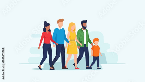 Diverse family walking together holding hands on a bright day.