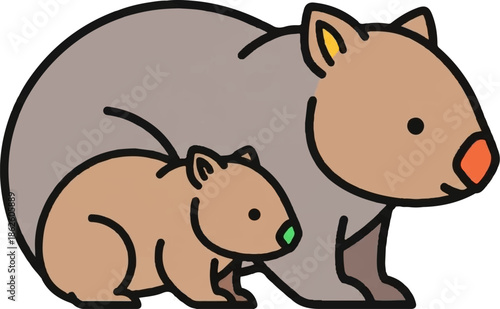 A cartoon illustration of an adult marsupial with its young one, featuring a muted color palette