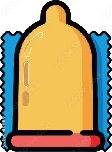 A cartoon illustration of a yellow unrolled condom with blue crinkly sides and a red base, on white background