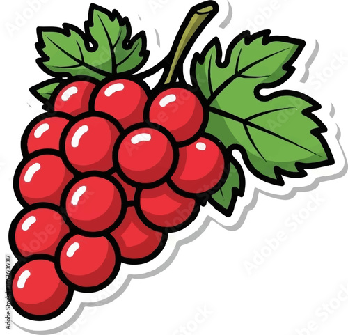 A cartoonish illustration of a bunch of bright red grapes with green leaves and a vine stem