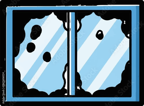 A cartoonish illustration of a two-pane window with a blue frame, showing reflections and dark smudges