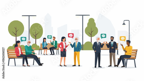 Diverse group of people interacting in a park setting.