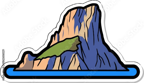 A cartoonish island with rugged, colorful cliffs rising from blue water, featuring a grassy section