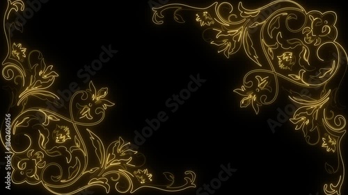 Golden floral glow. Luxury motion frame. Ornate line anim. Wedding video decor. Royal gold blossom. Botanical overlay. Dark aesthetic anim. Premium swirl trim. Glowing flower art. Gold filigree move.
