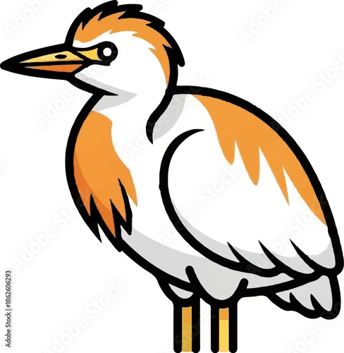 A charming cartoon illustration of a white and orange bird with a long beak standing upright