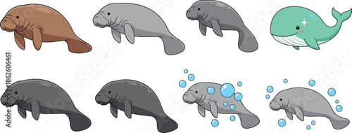 Cute manatee and whale cartoon vector illustration set with aquatic animals in flat style