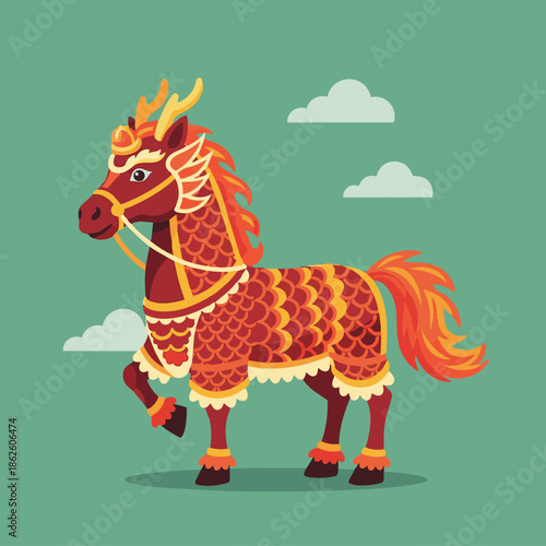 Mythical Chinese Dragon Horse Illustration with Traditional Ornament and Fantasy Style on Green Background