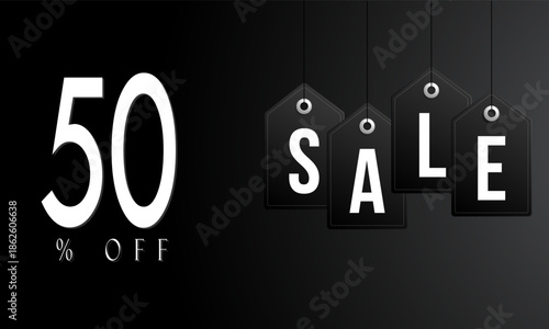 Minimalist 50% OFF Sale Banner Luxury Black and White Design with Hanging Tags for Premium Retail, E commerce, and Social Media