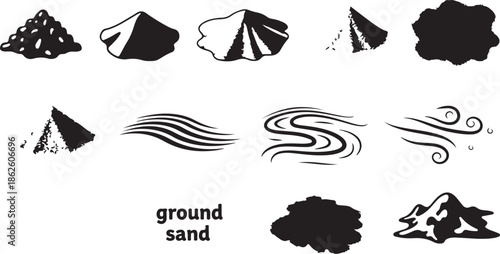 Black and white sand and ground illustration icons set