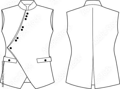 Mens asymmetric sleeveless waistcoat technical fashion flat sketch front and back view buttoned vest apparel vector cad illustration