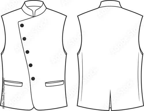 Mens asymmetric waistcoat technical fashion flat sketch front and back view sleeveless buttoned vest apparel vector cad illustration