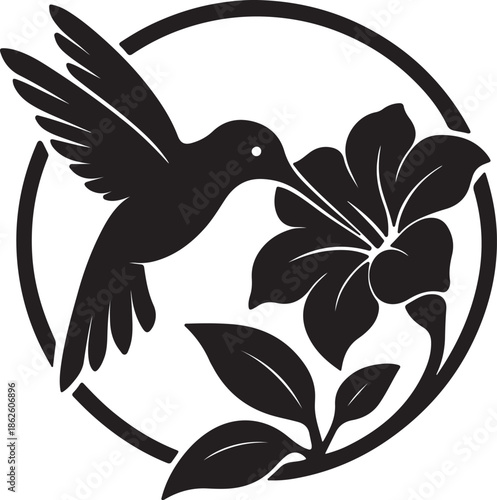 Hummingbird Feeding from Lily Silhouette Floral Wildlife Illustration with Broken Circle Frame Vector Illustration
