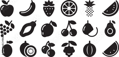 Diverse Fresh Fruit Icons in Silhouette apple banana