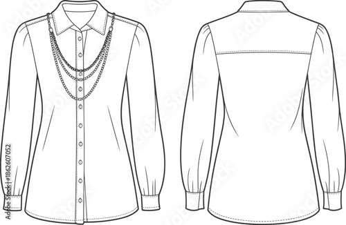 Women blouse technical flat vector illustration, front and back view long sleeve shirt CAD drawing fashion apparel design line art