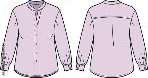 Women blouse shirt technical flat sketch, front and back view, long sleeve, button placket, mandarin collar, apparel cad illustration, vector