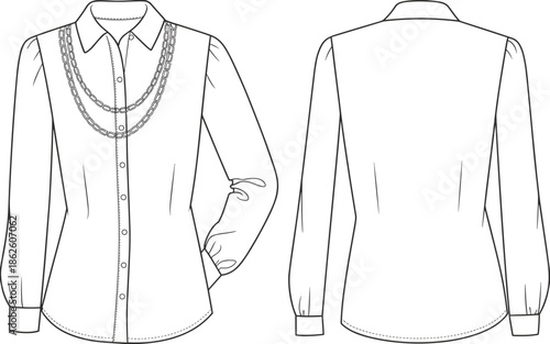 Women blouse technical flat vector illustration, front back view long sleeve shirt with chain detail CAD fashion drawing line art