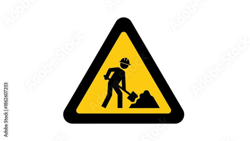 Close-up of a roadwork sign with a worker and shovel on a yellow background