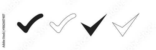 Set of four distinct checkmark icons featuring modern, minimalistic, hand-drawn, and geometric styles, versatile for transparent web and app user interface designs.