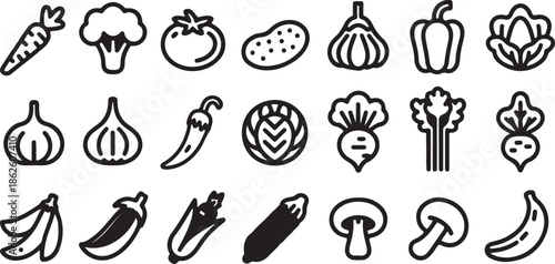 Diverse collection of healthy fruit and vegetable outline icons, perfect for web design, apps, healthy eating, and dietary content