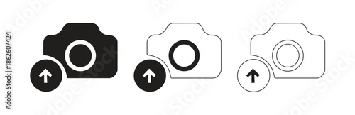 Set of upload camera icons in solid and outline styles, ideal for digital photography, social media, image sharing, and web content submission applications.