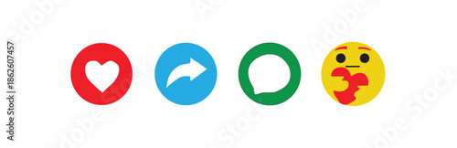 A set of four modern social media icons including a red heart for like, a blue share arrow, a green chat bubble for comments, and a yellow surprised emoji face on a white background