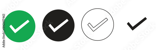 Set of four different checkmark icons in green, black, outlined circle and solid black, representing success, approval, confirmation, and task completion, perfect for web and app design elements.