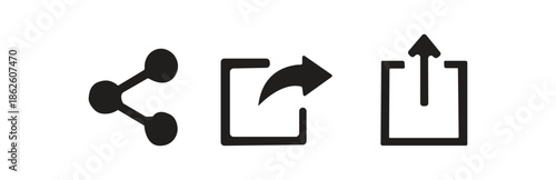 A set of three black simple vector icons representing sharing and uploading content to the internet and social media platforms ideal for app interfaces and web design
