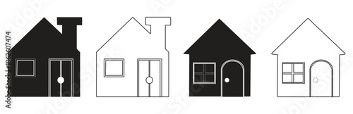 a set of simple black and white house icons featuring different rooflines, windows and doors with clear outlines representing residential buildings and architectural design elements for graphic use