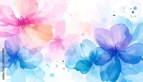 a colorful abstract background featuring watercolor flowers in shades of pink, blue, and purple