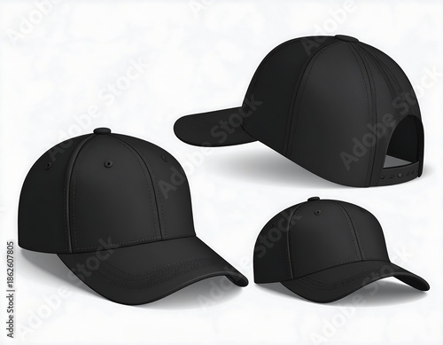 Three perspectives of a plain black baseball cap. One straight-on view, a three-quarter angle, and a side profile