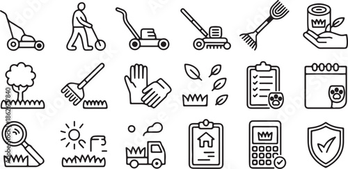 Gardening and Lawn Care Icon Set with Tools and Services Keywords: gardening, lawn care, mowing, rake, gloves