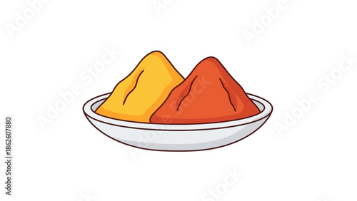 Flat lay illustration of two piles of colorful powder in a white bowl on a clean white background.