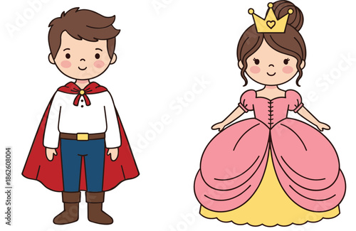 Cute prince and princess cartoon vector illustration with royal costumes fairytale characters isolated on white