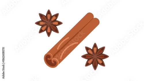Illustration of cinnamon sticks and star anise on white background