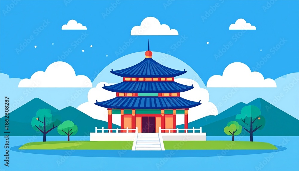 Fototapeta premium a traditional Chinese temple with a blue roof surrounded by green hills and clouds