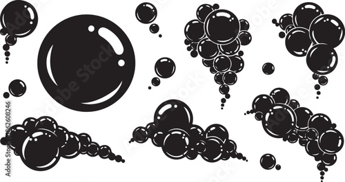 A black and white illustration of various sized bubbles
