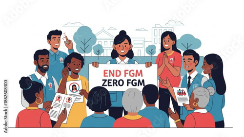 Diverse Group of People Holding Signs Against Female Genital Mutilation FGM, Illustration, White Background