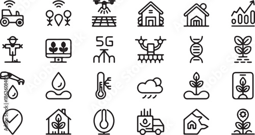 Icons illustrating smart farming, agriculture technology, and data analysis tractor