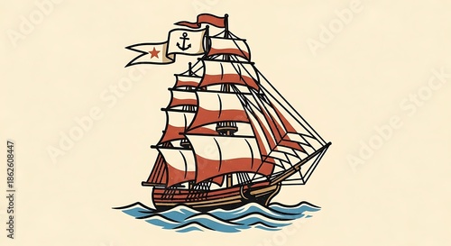 Vintage Tall Ship Sailing on Wavy Ocean with Nautical Flag.