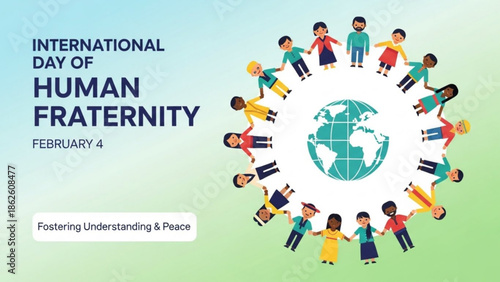 Diverse People Holding Hands Around Globe Symbolizing Human Fraternity and Peace