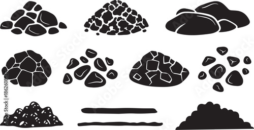 A collection of black stone and rock silhouettes on a white background